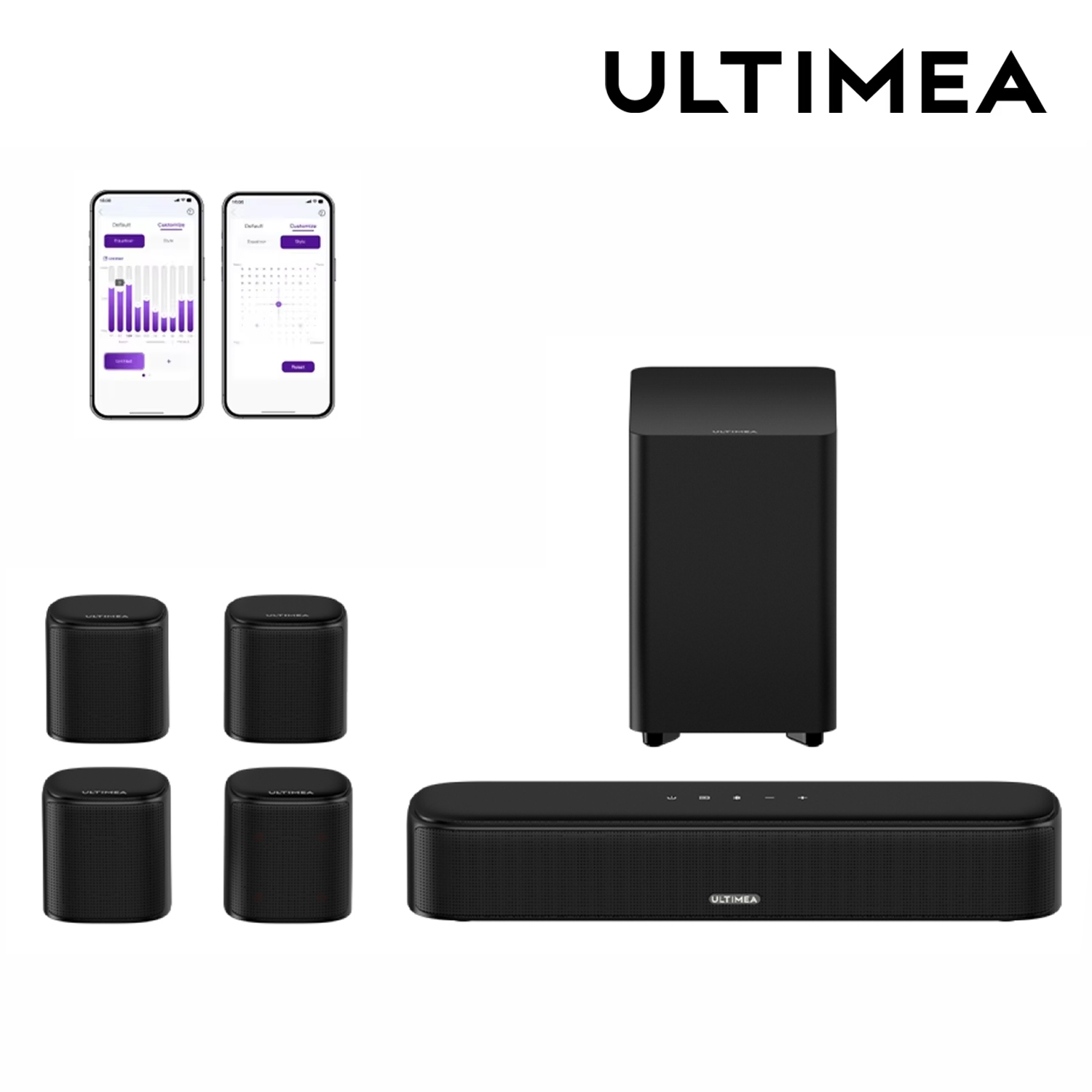 Home Cinema Tv - ULTIMEA 7.1チャンネルサウンドバーシステム（テレビ用、サラウンドスピーカー4個搭載、アプリ制御の仮想サラウンドサウンド、ホームシアターオーディオ）